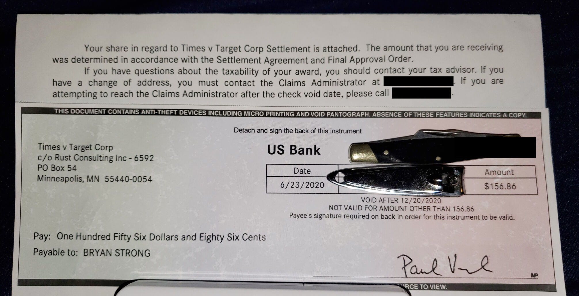 Times v Target check to Bryan Strong
